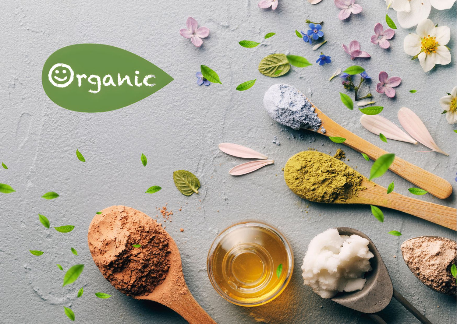 "Organic skincare ingredients: clays, matcha, coconut oil, honey with petals and leaves – Just Gentle home image.