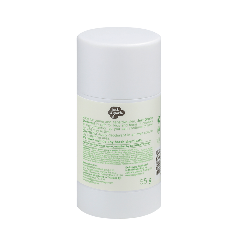 Just Gentle Organic Deodorant Stick - for Kids and Teens - Aloe Vera Unscented - Aluminium - Free, Natural Odor Protection, Gentle on Sensitive Skin, 55g - Just Gentle
