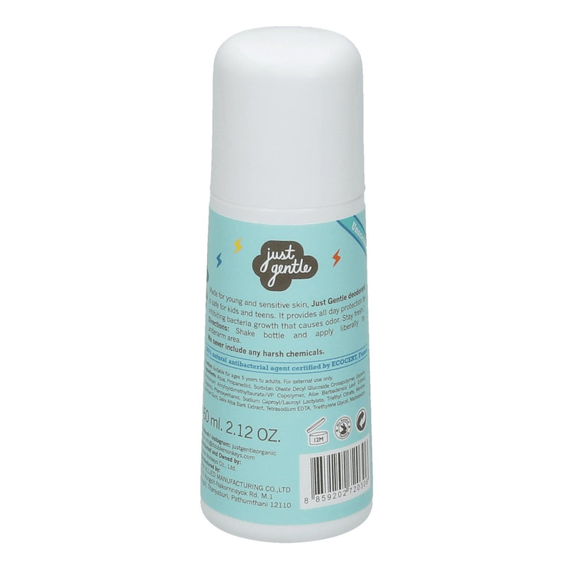 "Back view of Just Gentle Kids Deodorant with product info and ingredients on blue label."