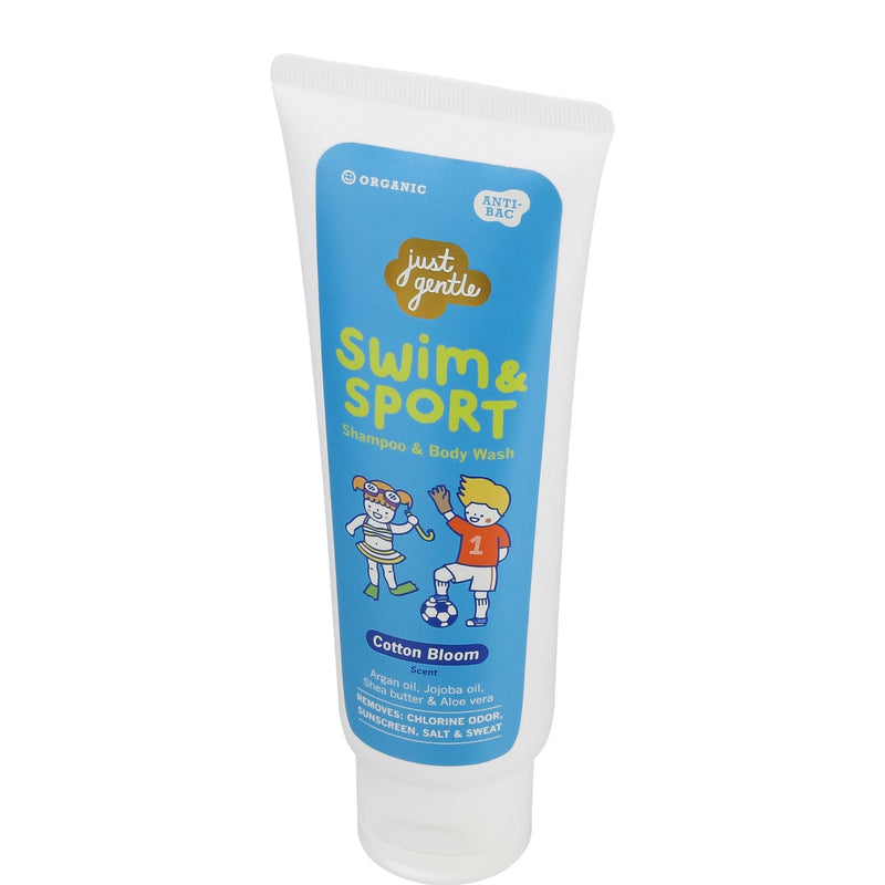 Just Gentle Cotton Bloom swimming shampoo/body wash, 180 ml, clears chlorine, salt, sweat; argan, shea, aloe