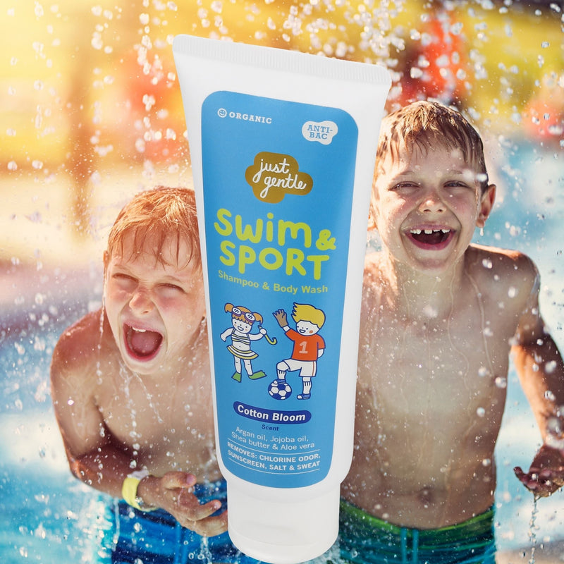 Angle product view of Pool & gym 2-in-1 shampoo/body wash, Just Gentle Cotton Bloom, erases chlorine smell & salt; aloe &