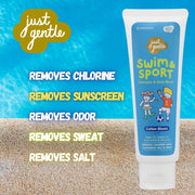 Just Gentle Swim & Sport Cotton Bloom 2-in-1 wash removes chlorine, salt, sweat & odor; argan, jojoba, shea & aloe, 180 ml
