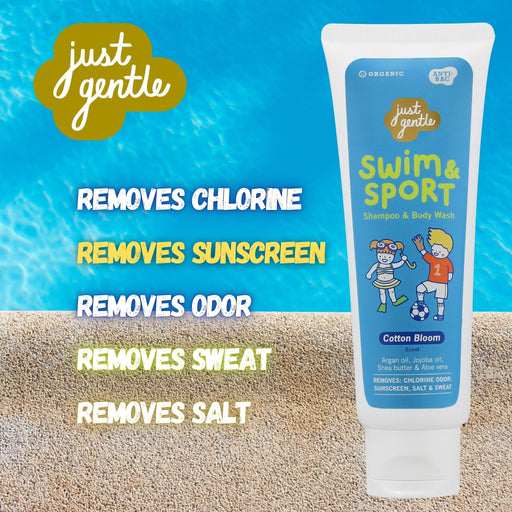 Just Gentle Swim & Sport Cotton Bloom 2-in-1 wash removes chlorine, salt, sweat & odor; argan, jojoba, shea & aloe, 180 ml
