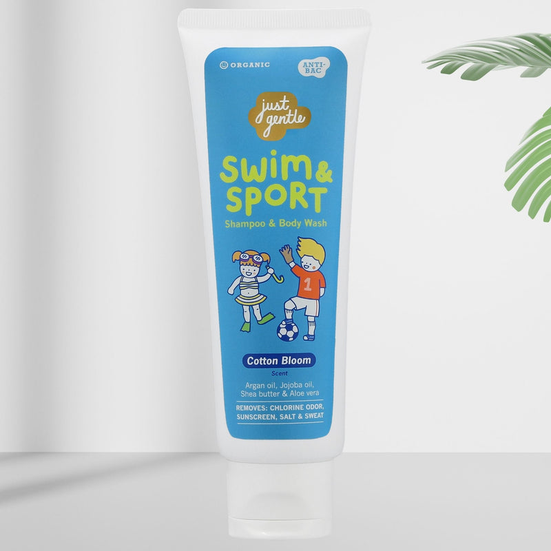 Cotton Bloom Swim & Sport 2-in-1 by Just Gentle, gentle on hair & skin, wipes salt & odor; aloe, shea, argan, 180 ml