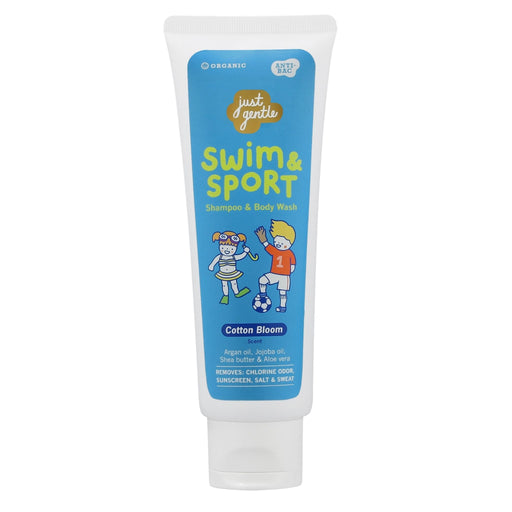 Just Gentle Swim & Sport 2-in-1 wash clears chlorine, salt & sweat; argan, jojoba, shea, aloe enriched, 180 ml