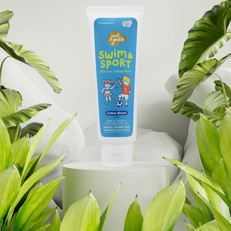 Just Gentle Swim & Sport wash, Cotton Bloom, 180 ml dual cleanser beats chlorine & sweat; jojoba, argan, shea, aloe