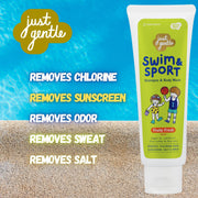 Swim & Sport Fruity Fresh bottle on yellow background with listed oils and benefits like removing sweat and salt."