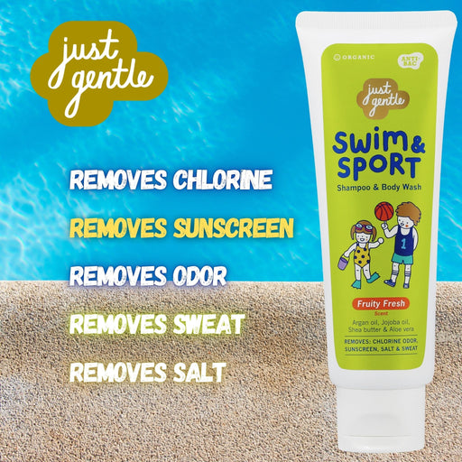Swim & Sport Fruity Fresh bottle on yellow background with listed oils and benefits like removing sweat and salt."
