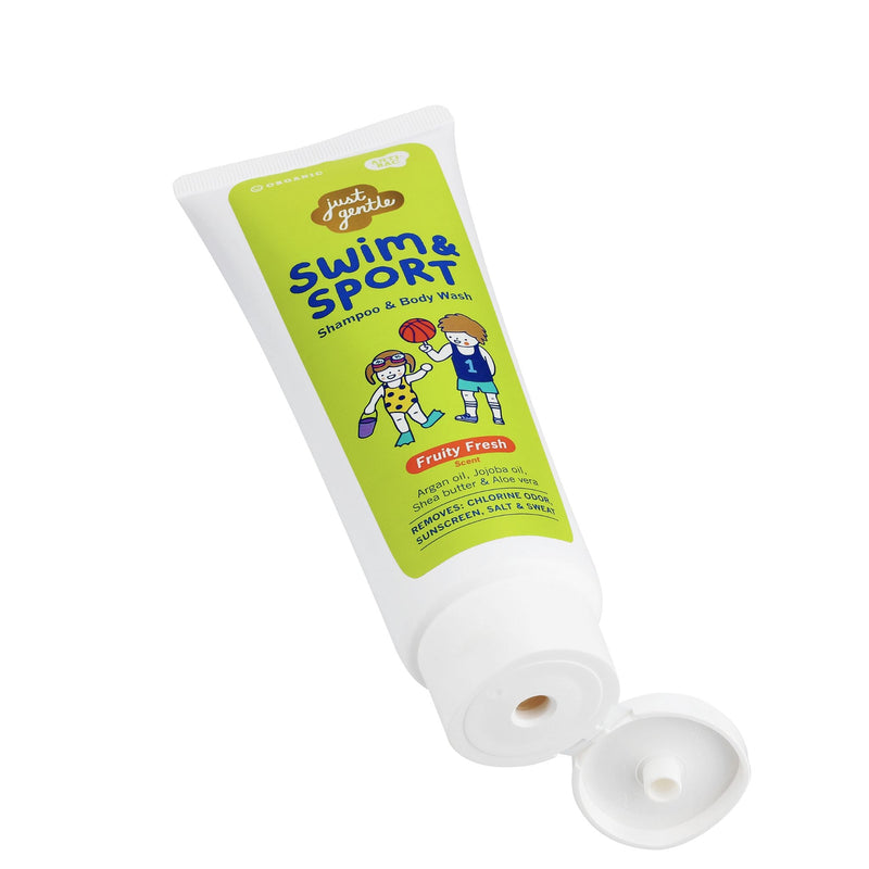 Angled view of Just Gentle Swim & Sport Fruity Fresh 2-in-1 shampoo & body wash, 180 ml tube with open flip cap