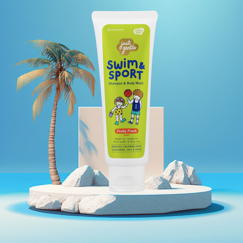 Just Gentle Swim & Sport Shampoo and Body Wash - Fruity Fresh, Washes Away Chlorine, Salt, Sweat & Odor, Enriched with Argan