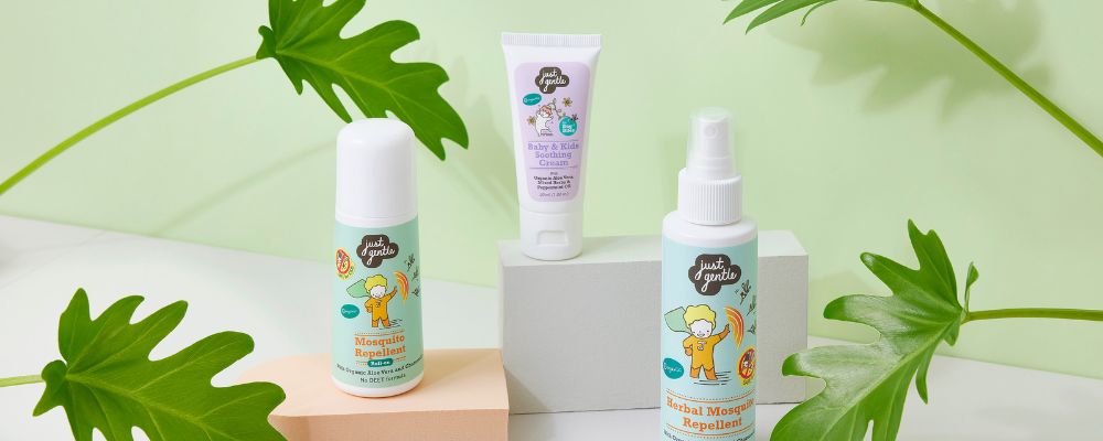 Just Gentle mosquito repellent roll-on, bite relief cream and repellent spray
