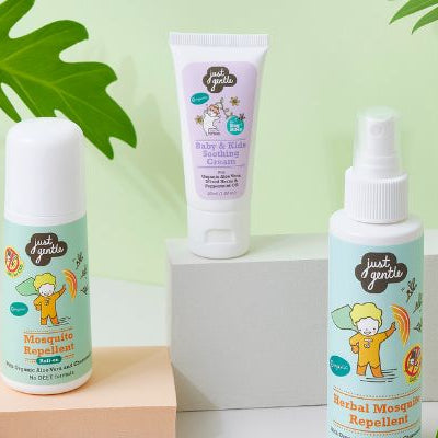 Just Gentle mosquito repellent roll-on, bite relief cream and repellent spray