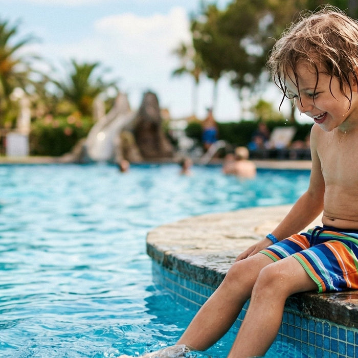 A young boy sitting at the edge of a resort swimming pool in the UAE