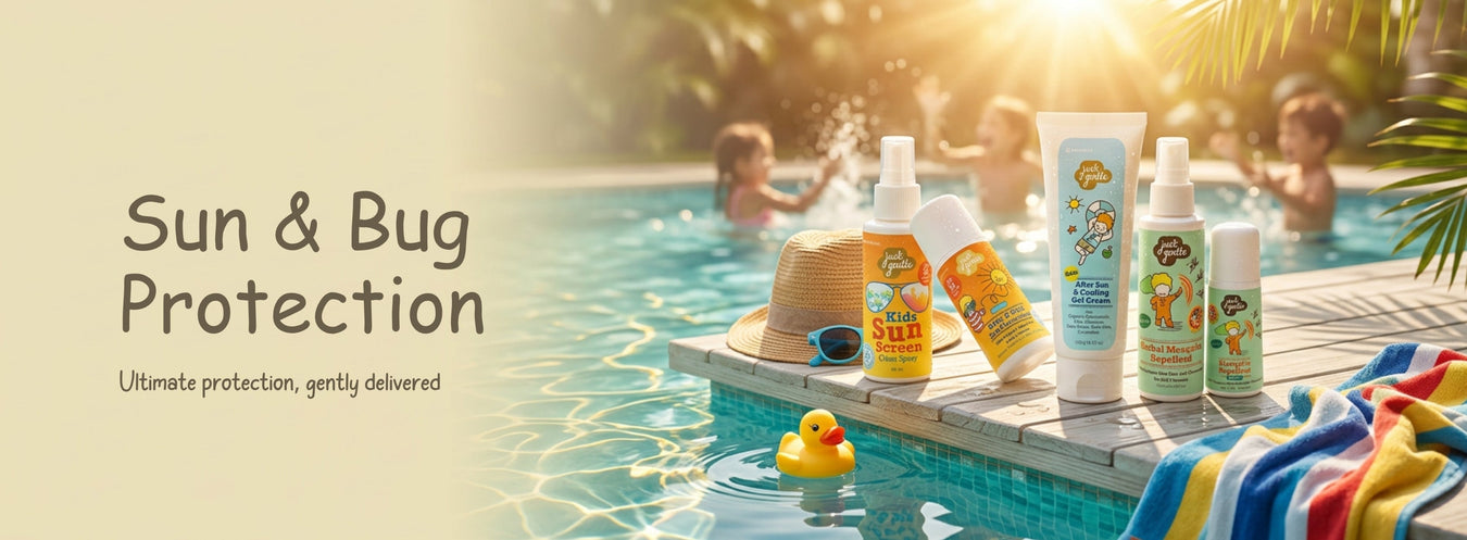 Two bottles of 'Just Gentle' sunscreen with a tropical beach scene featuring children playing.
