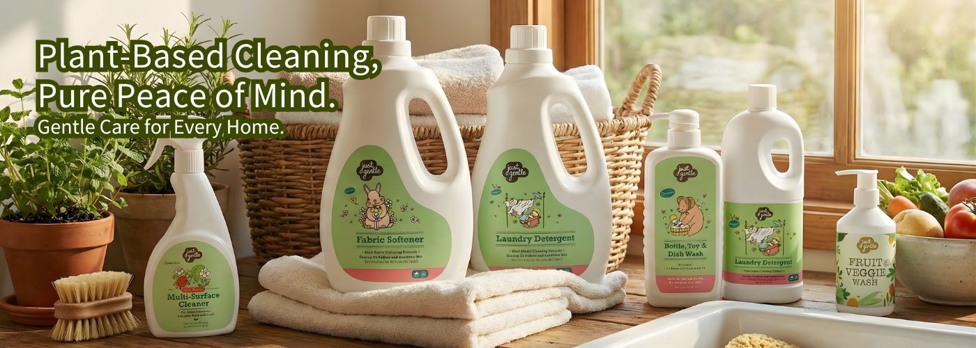 Collection of Just Gentle plant-based cleaning products on a wooden surface with a window in the background.