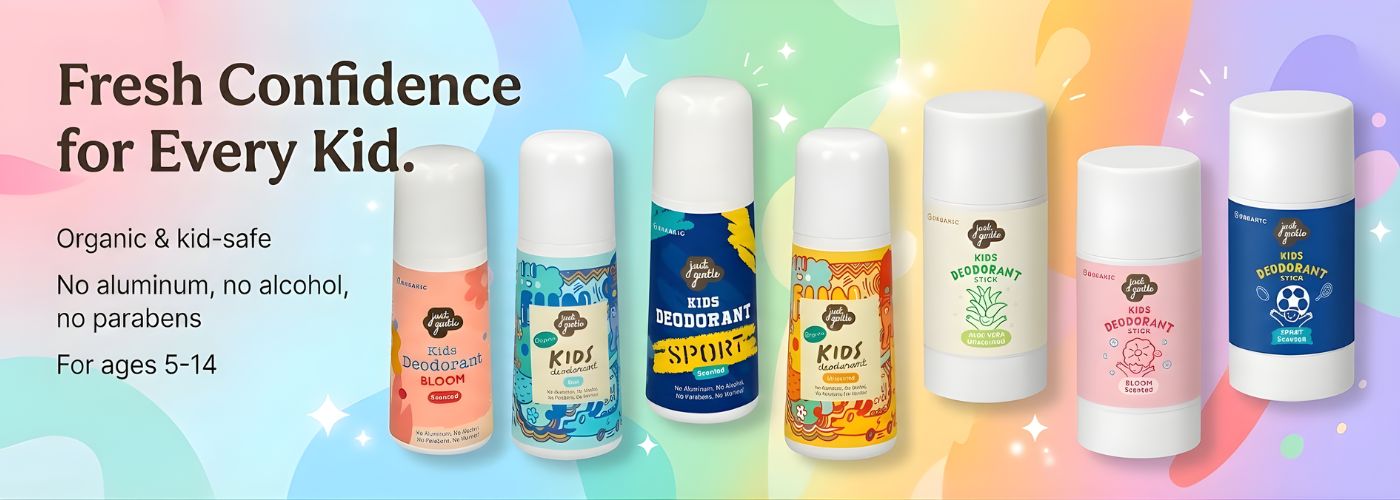 Just Gentle Children's deodorants on a colorful background with text about freshness and safety.
