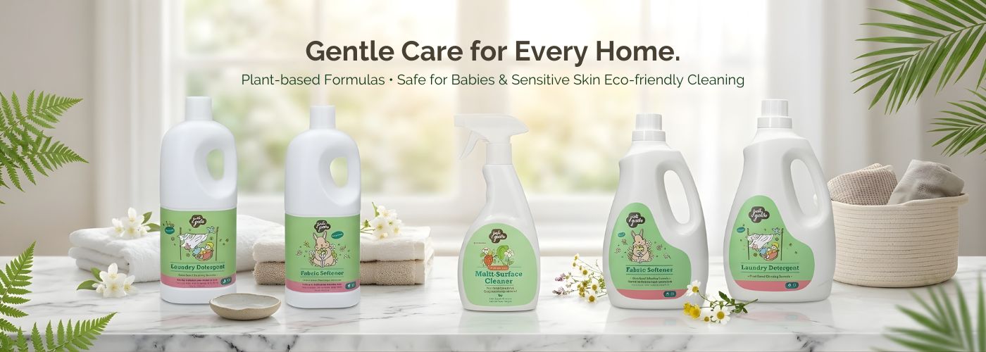 Set of 'Just Gentle' eco-friendly cleaning products on a table with a blurred background