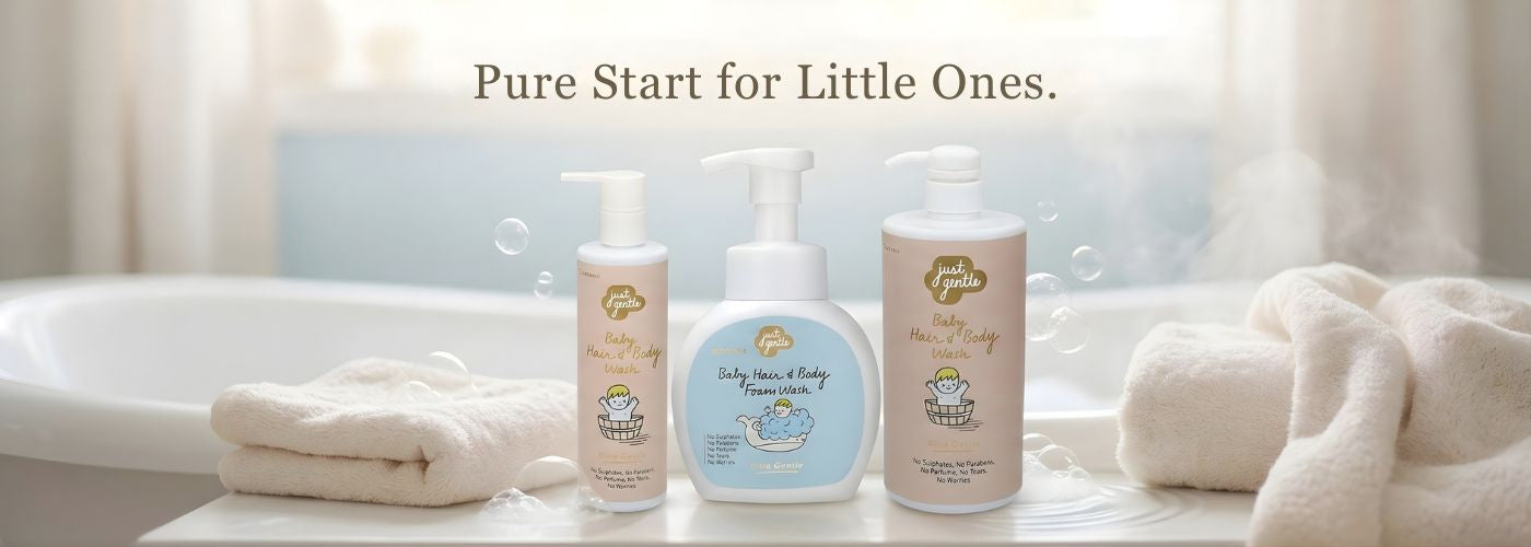 'Just Gentle' Baby care products on a bathroom counter with 'Pure Start for Little Ones' text.