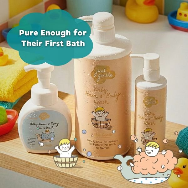 Just Gentle Baby hair and body wash bottles with cartoon illustrations on a wooden surface. Mobile view