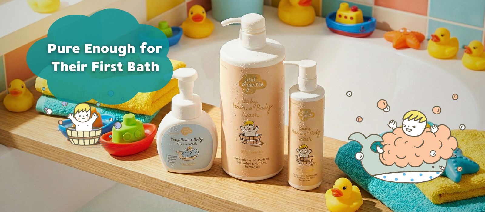 Just Gentle Baby Bath care products on a shelf with bath toys in the background
