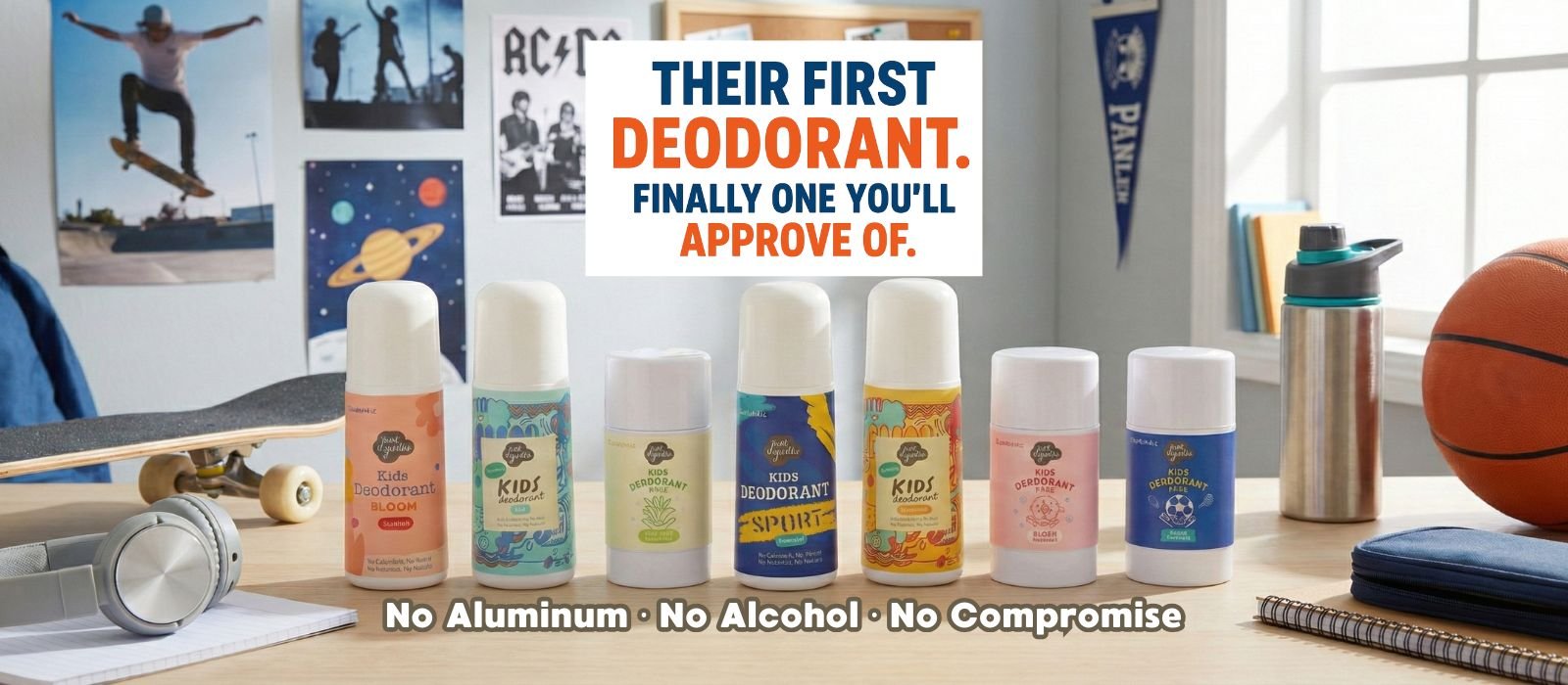 Just Gentle Kids Deodorant products on a table with promotional text about being approved of by children.