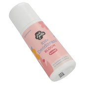 An angled view of a Just Gentle Kids Deodorant bottle in the 'Bloom' scent against a plain white background. The pink label highlights that it is organic and free from aluminum, alcohol, and parabens.