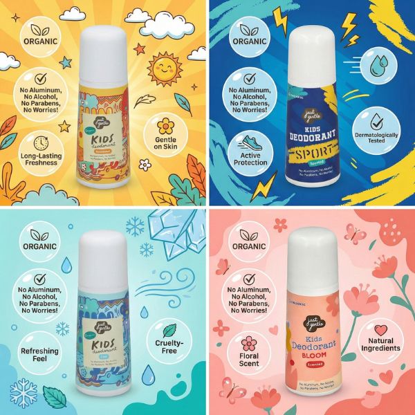 Four different Just Gentle deodorant bottles with colorful backgrounds and product details.