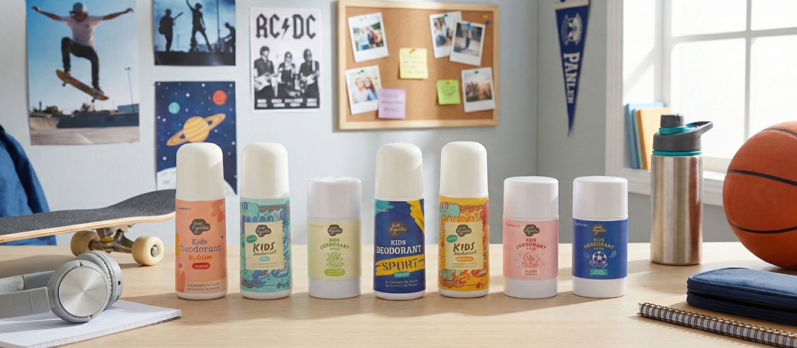 Row of Just Gentle deodorant sticks and Deodorant Roll ons on a desk with a bulletin board and sports equipment in the background
