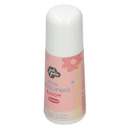 An upright, slightly angled shot of the Just Gentle Kids Deodorant 'Bloom' bottle, showing the side profile of its pink floral label on a white background.