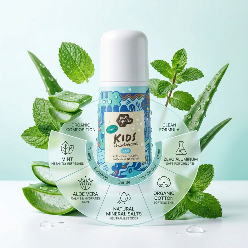 A bottle of Just Gentle Organic Kids Deodorant in the 'Cool' scent, surrounded by fresh aloe vera slices and mint leaves. A circular infographic around the bottle highlights its clean formula, noting it contains zero aluminum, natural mineral salts to neutralize odor, organic cotton to soften skin, and mint to instantly refresh.