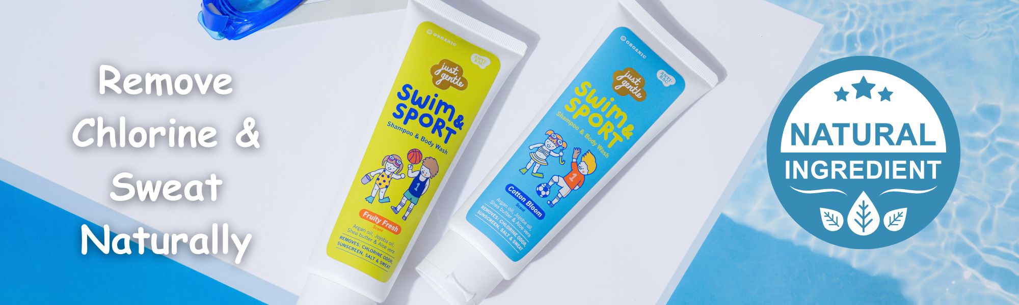 Just Gentle Swim & Sport Shampoo & Body Wash tubes (Fruity Fresh & Cotton Bloom) by poolside, shows chlorine-removing wash.