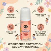 An infographic displaying the Just Gentle 'Bloom' deodorant surrounded by playful illustrations of children and flowers. Callout text highlights that the product is safe and gentle, uses certified organic ingredients, and provides "Worry-Free Protection