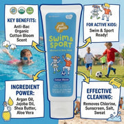 Just Gentle Shampoo and body wash tube for active kids with key benefits and features highlighted.
