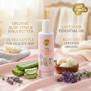 Displayed with its natural ingredients- Just Gentle Baby Face & Body Lotion - with Essential Lavender