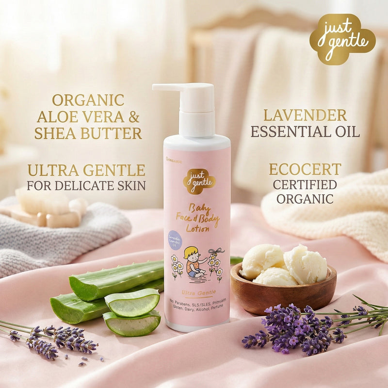 Displayed with its natural ingredients- Just Gentle Baby Face & Body Lotion - with Essential Lavender