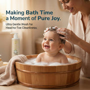 MOTHER bathing a baby in a wooden tub with a bottle of JUST GENTLE  ultra gentle wash, text about bath time joy.