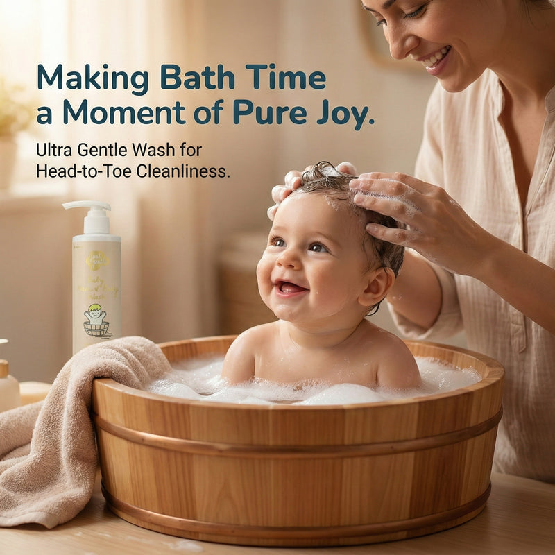 MOTHER bathing a baby in a wooden tub with a bottle of JUST GENTLE  ultra gentle wash, text about bath time joy.