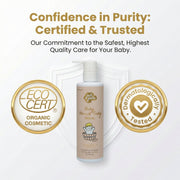 Just Gentle Baby Wash and Shampoo  product with ECO CERT and dermatologically tested logos on a white background