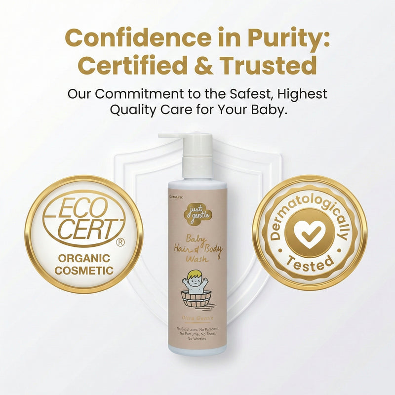 Just Gentle Baby Wash and Shampoo  product with ECO CERT and dermatologically tested logos on a white background