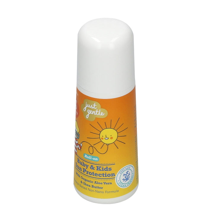 Angle view: Just Gentle High UVA and UVB Ray Protection Roll-On Sunblock for Kids - Top view of the 60ml roll-on bottle, emphasizing the roll-on applicator for easy and mess-free application. Suitable for children aged 6 months and above