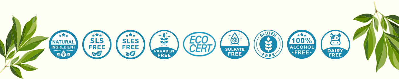 Collection of product-free symbols with green leaves on either side for 'Just Gentle' Products. Free from harsh chemicals.