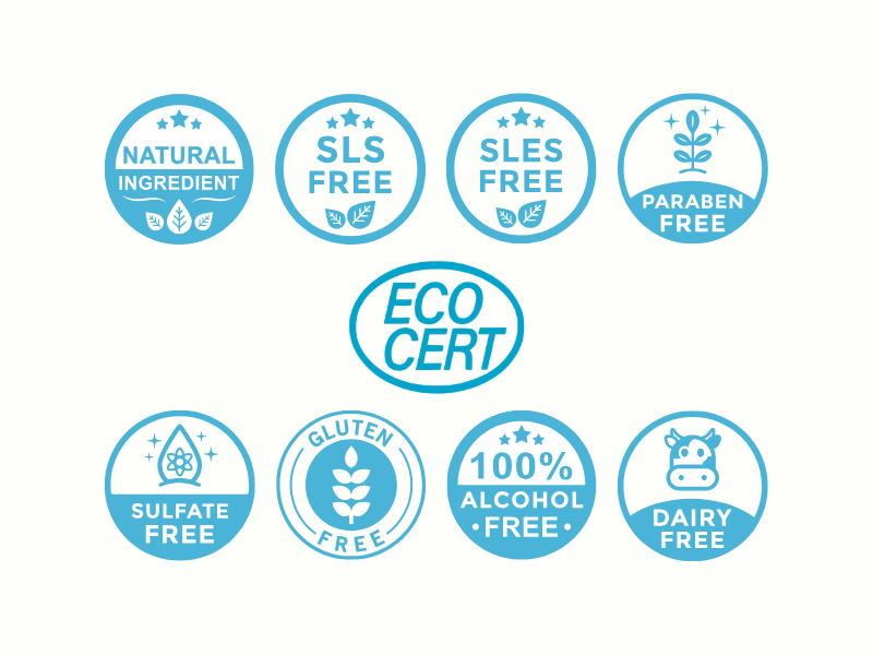 Collection of green product ingredient certification badges on a white background - Just Gentle Store