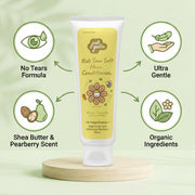 Tube of 'Just Gentle' kids hair conditioner with features listed on a green background