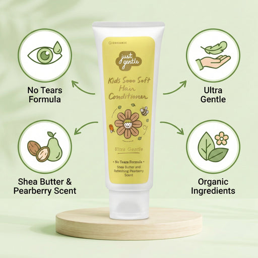 Tube of 'Just Gentle' kids hair conditioner with features listed on a green background
