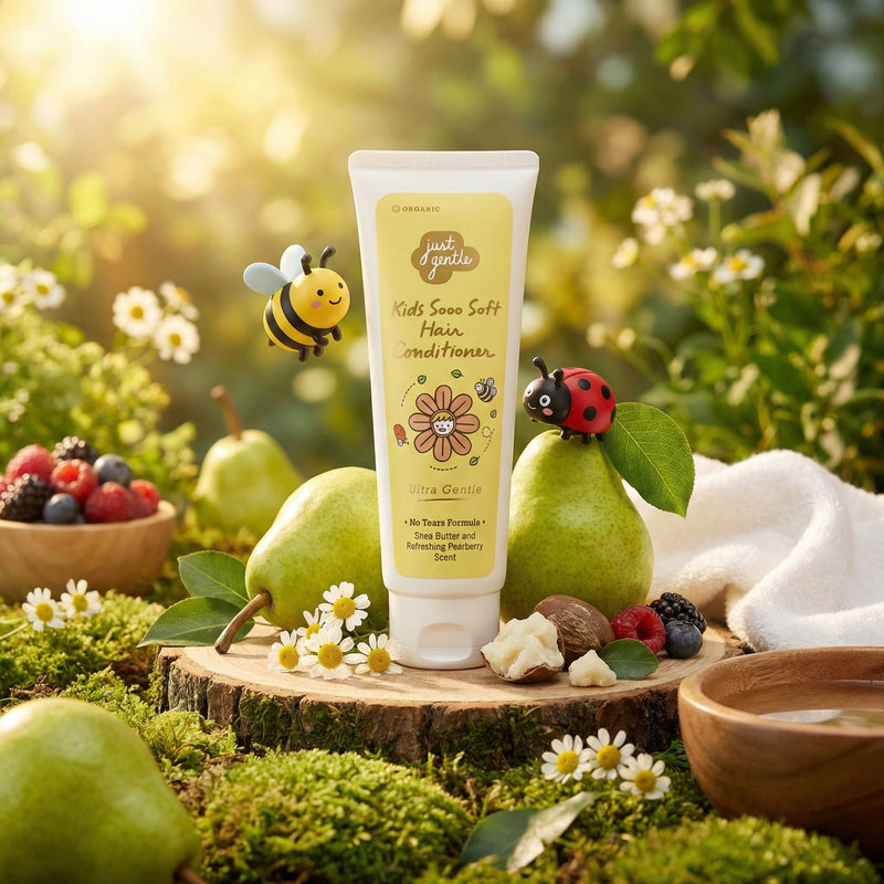 Tube of 'Just Gentle' kids hair conditioner on a wooden stump with pears, flowers, and fruits in a natural setting.