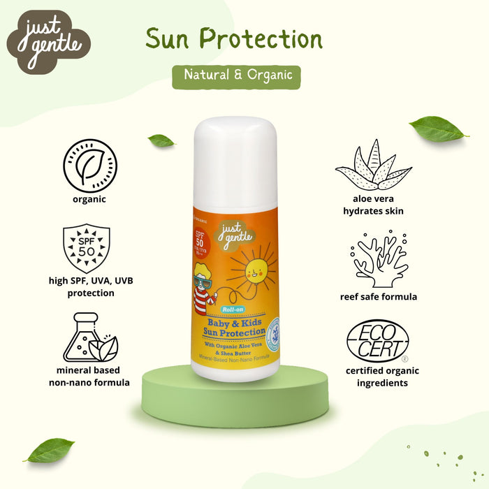 Sun Protection that is Natural and Organic. Using the best quality natural ingredients certified as organic by ecocert - The Just gentle Baby and Kids Sun protection suncreen. Made with organic aloe vera and shea butter. It is a mineral based and non nano formula. Sweat as it gets really.