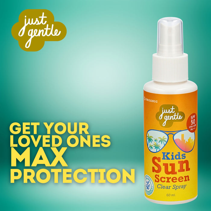 Say goodbye to sunburns with Just Gentle Kids Sunscreen Spray SPF 50+UVA - gentle and effective.