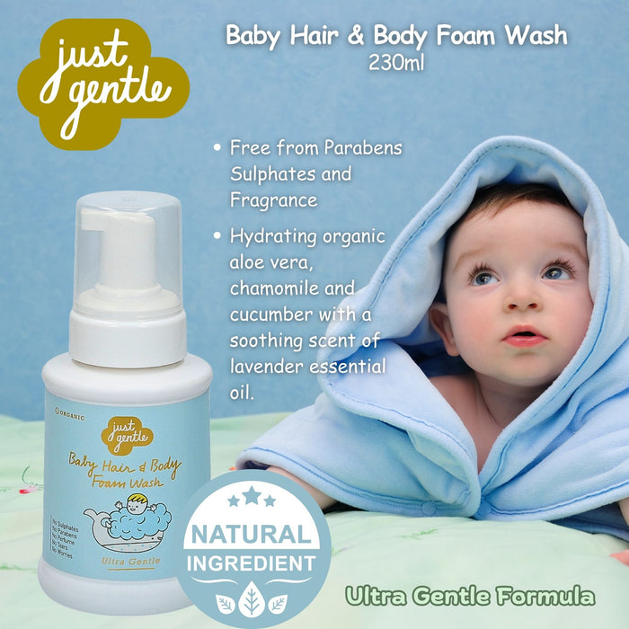 Baby Hair & Body FOam Wash shampoo. Free from chemicals. natural with 99% natural ingredients. Contains Cucumber, aloe vera and essential lavender oil.