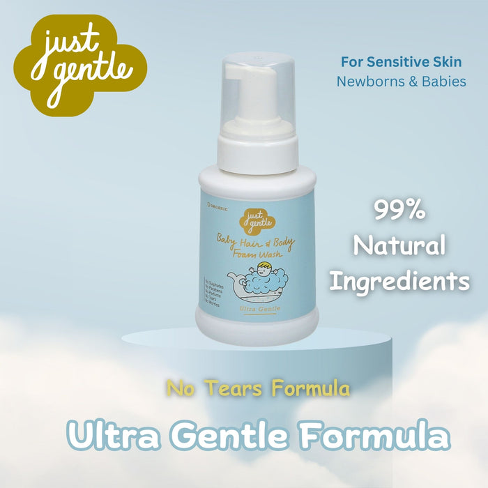 Just Gentle - Ultra Gentle Baby Hair and Body Foam wash shampoo. 99% Natural Ingredients. No Tears!