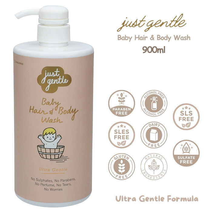 Keep your baby’s skin and hair clean with Just Gentle Baby Hair & Body Wash 900ml - tear-free and hypoallergenic. Just Gentle Organic for Babies.